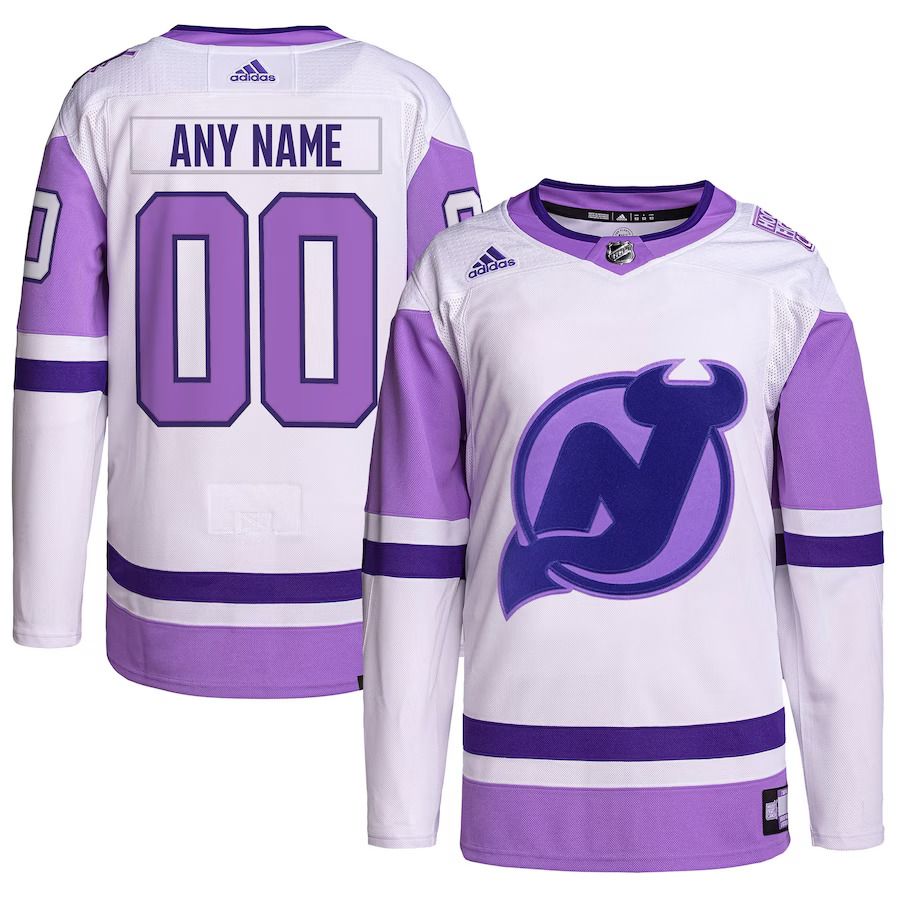 Men New Jersey Devils adidas White Purple Hockey Fights Cancer Primegreen Authentic Custom NHL Jersey